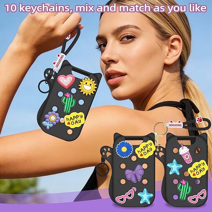Mlife Hand Sanitizer Spray Case for Touchland Silicone Touchland Case Cat Silicone Case compatible with Touchland Power Mist 1FL OZ/30ML with Keychain &10Pcs Charms(Black)
