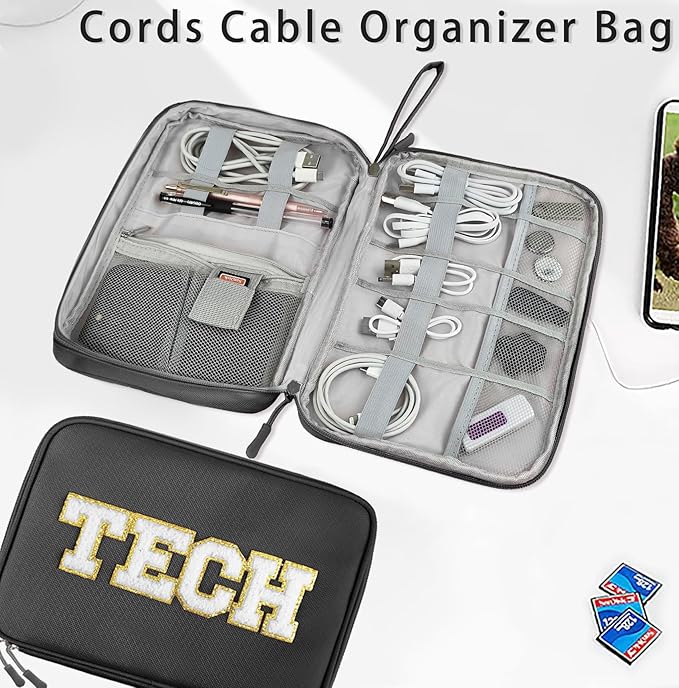 COSHAYSOO Electronics Bag Case Cable Cords Organizer Travel Essentials for Women College Teen Girls Vacation Dorm Accessories Preppy Personalized Gift (Large Black)