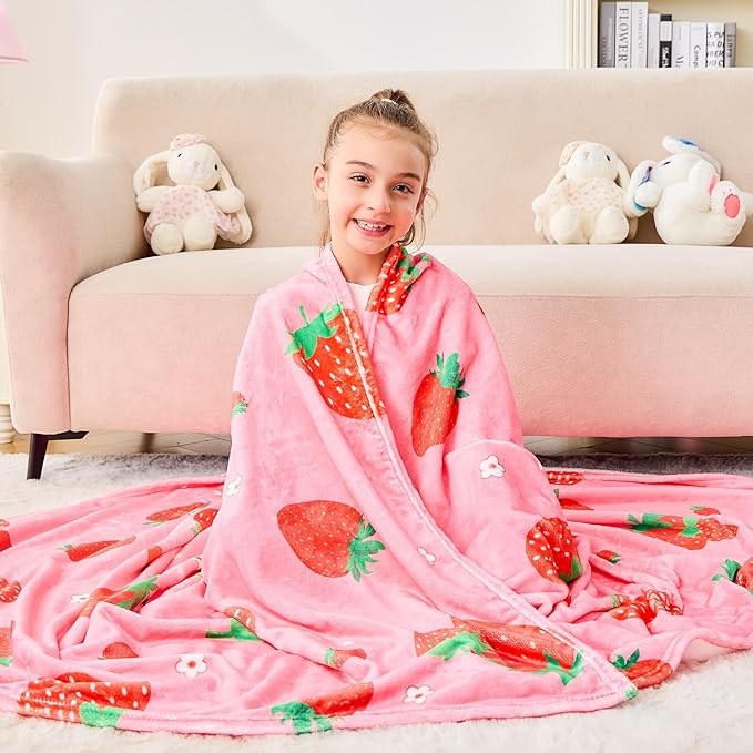 Wajade Kids Pink Strawberry Throw Blanket for Girls Teens Women Soft Fuzzy Flannel Bed Blanket for Kids Adults Plush Christmas Birthday Gifts 60”x80”