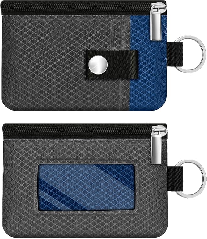 Minimalist RFID Blocking Small Wallet with ID Window,WaterResistant Zip Id Case Wallet with Lanyard Keychain for Cards,Cash,Travel,Women,Men (DarkGrey/Electric Blue)