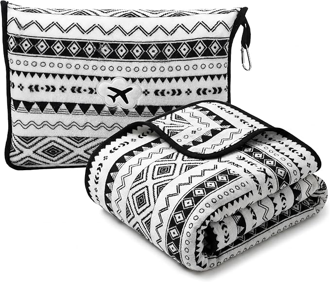 Gilprop Boho Travel Blanket Airplane Compact with Bag 2 in 1 Soft Boho Fleece Travel Blanket and Pillow Set with Luggage Sleeve Backpack Clip Compact Lightweight Airplane Essentials for Spring Summer