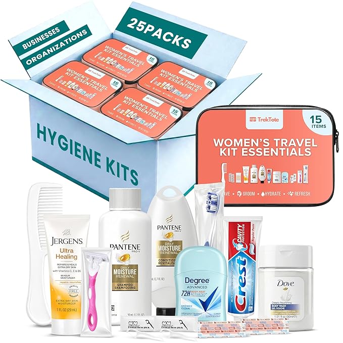 TrekTote Bulk Women’s Hygiene Kits 15 Piece Travel Toiletry Kit with Shampoo Conditioner Body Wash Lotion Deodorant Razor Toothbrush Toothpaste Comb Flossers Swabs Bandages Wipes