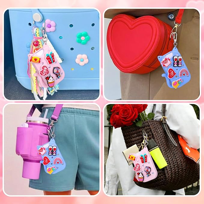 Juome 2 Pack Valentines Silicone Case for Touchland Hand Sanitizer Spray with Keychain & Charms, Cat Protective Holder Compatible with Touch Land Mist Case 1FL. OZ, Valentines Day Gifts for Her/Him