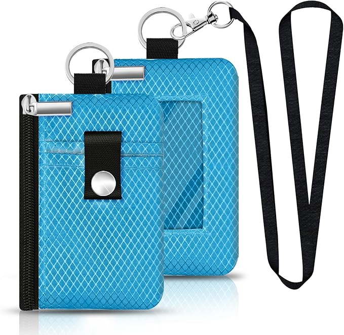 Minimalist RFID Blocking Small Wallet with ID Window,WaterResistant Zip Id Case Wallet with Lanyard Keychain for Cards,Cash,Travel,Women,Men (Lake Blue)