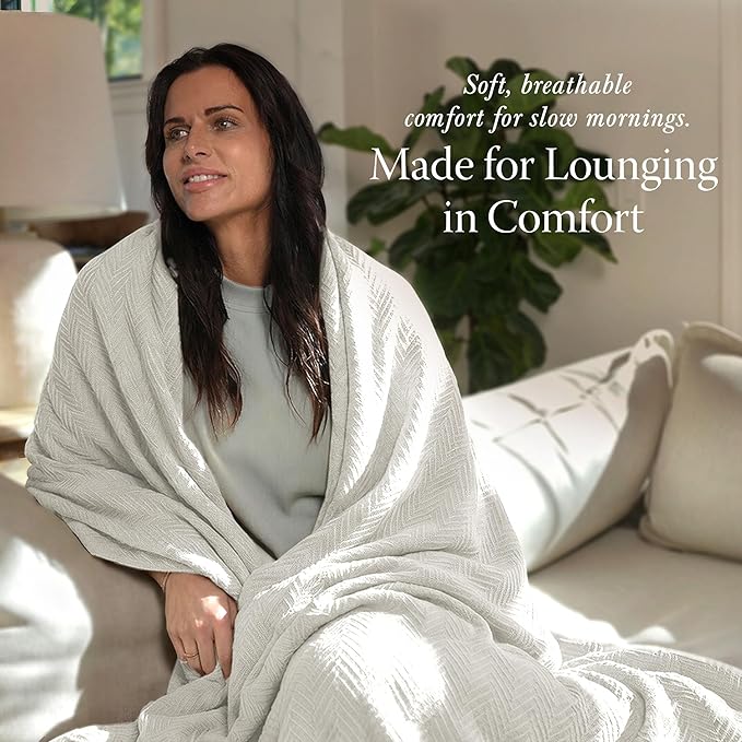 Threadmill Luxury Cotton Blankets for Queen Size Bed | All-Season 100% Cotton Queen Size Blanket | Herringbone Cozy, Soft Breathable Fall Thermal Blanket fits Full Size Bed | Tusk White
