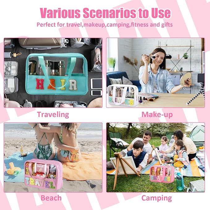 BuyCard Chenille Letter Patch Clear Travel Bags, Preppy PVC&Nylon Makeup Bag with Handle and Zipper, Waterproof Large Clear Travel Toiletry Bag Storage Bag for Women Girls