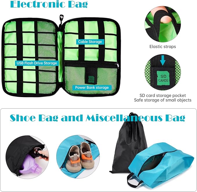 NiHome Compression Packing Cube 6PCS Set Expandable Travel Bag Luggage Organizers Electronic Cable Cord Charger Organizer Drawstring Bag for Trip Home Storage Travel Gear Accessories (Blue/Black/Grey)