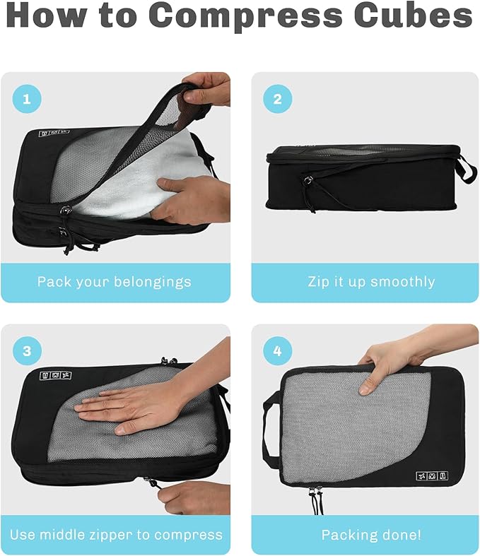 Hynes Eagle 6 Set/ 4 Set/ 2 Set Compression Packing Cubes Travel Essentials Lightweight Nylon Luggage Suitcase Organizer Bag Black 4PCS