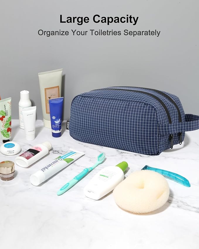 GOX Small Travel Toiletry Bag for Men, Dopp Kit, Water-Repellent Nylon, TSA Carry-On Leakproof Cosmetic Organizer Dopp Kit (10.4"x5.5"x5.1") & Carry Handle (Navy)