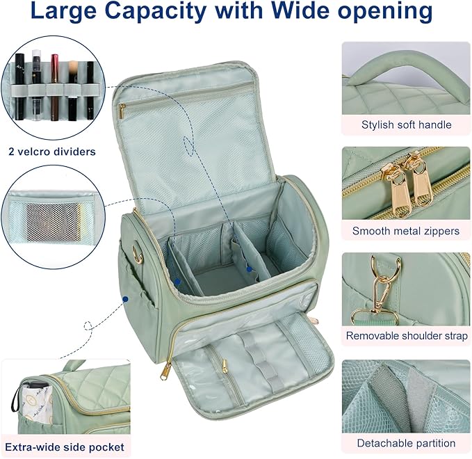GR69N Travel Toiletry Bag Large Cosmetic Makeup Bag Organizer for Women,Wide-open Make Up Bag Waterproof Makeup Case Travel Bag with Handle and Dividers for Toiletries,Essentials,Accessories,Green