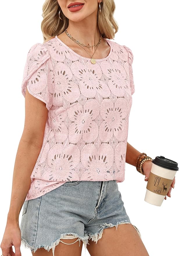 OFEEFAN Blouses for Women Dressy Casual Petal Short Sleeve Shirts Crochet Lace Boho Tops Spring Fashion Summer Outfits