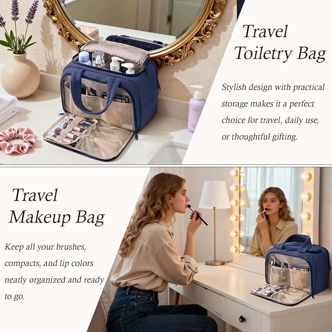Bagstellar Travel Toiletry Bag for Women, Lightweight Large Quilted Puffy Makeup Bag Wide-open Make up Organizer Cloud Cosmetic Bag w/Handle for Traveling Toiletries Essentials Accessories Navy Blue
