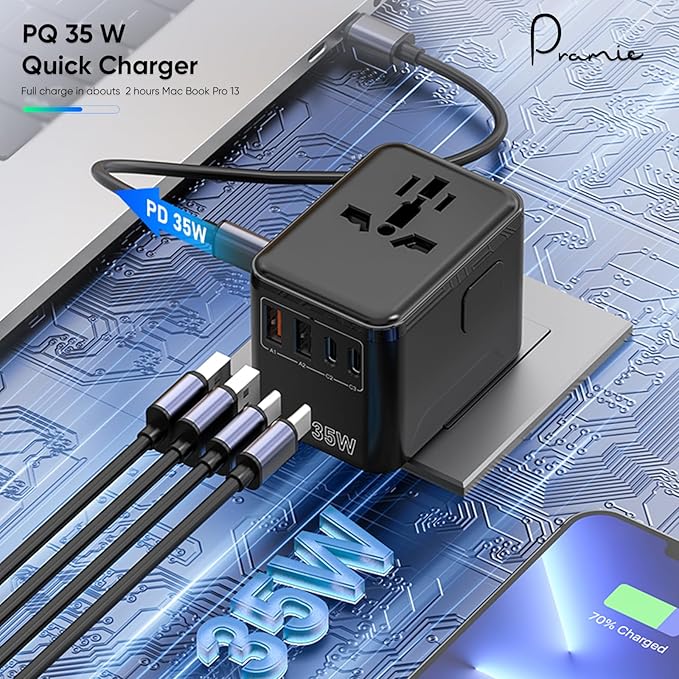 Universal Travel Adapter, GaN 35W International Plug Adapter with 2 Type C & 2 USB and 1 Quick Charging Port Type C, All in One Worldwide Travel Plug Adapter, Available Plugs for EU/UK/AUS/US, Black