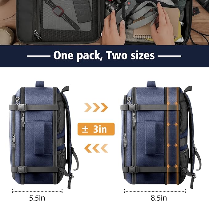 Flight Approved Travel Backpack with LifetimeWarranty,Expandable Carry on Backpack 40-50L with USB Cable Port,Fits 17.3"Laptop,Flight TSA friendly,Anti Theft Laptop Backpack Travel,Commuting,Blue