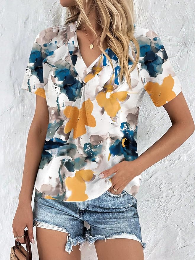 AUTOMET Womens Tops Short Sleeve V Neck T Shirts 2026 Summer Spring Beach Vacation Clothes Casual Loose Ruched Top