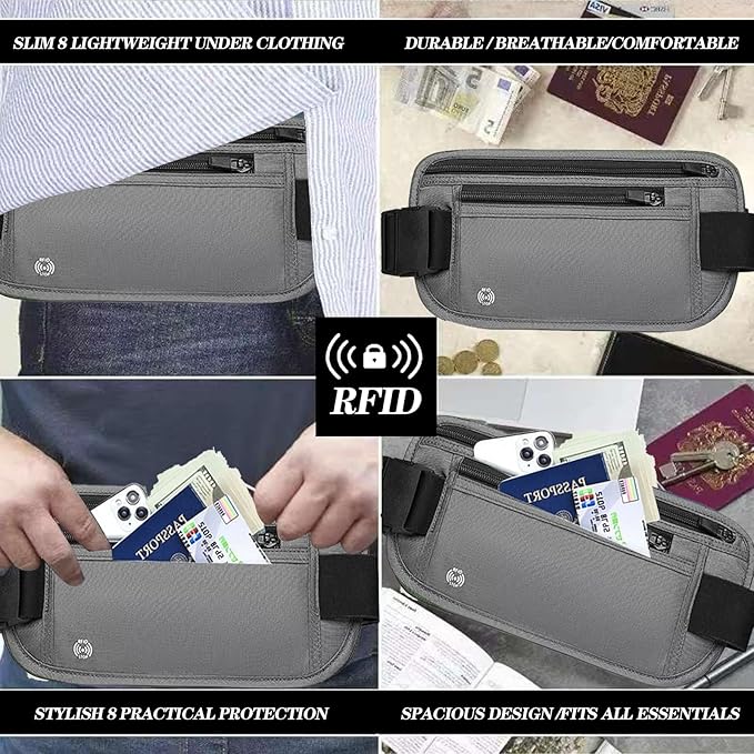 Gray Hidden Money Belt for Travel for Men, Waist Wallet Anti Theft, RFID Passport Holder For Travel Men Or Women, Money Pouch, RFID Passport Holder