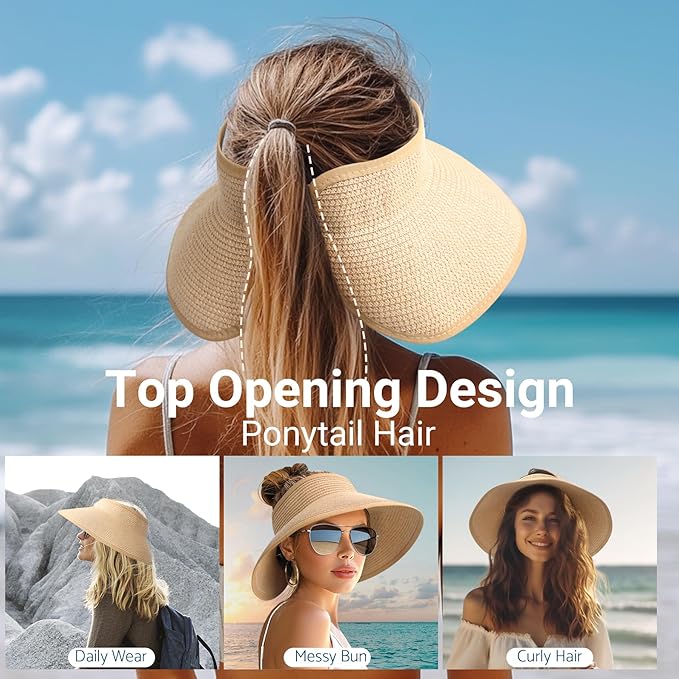 PFFY Sun Visors Hats for Women Wide Brim Straw Visor Packable Foldable Ponytail Travel Beach Hat Vacation Essentials