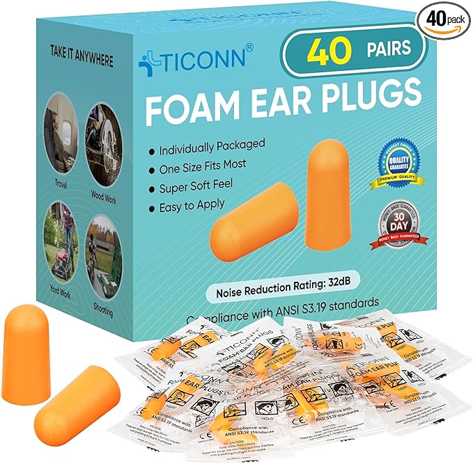 TICONN 40 Pairs Foam Ear Plugs, Individually Wrapped 32dB NRR Noise Reduction Earplugs for Sleeping Hearing Protection Travel Study Concentration Construction Site (40Pairs)