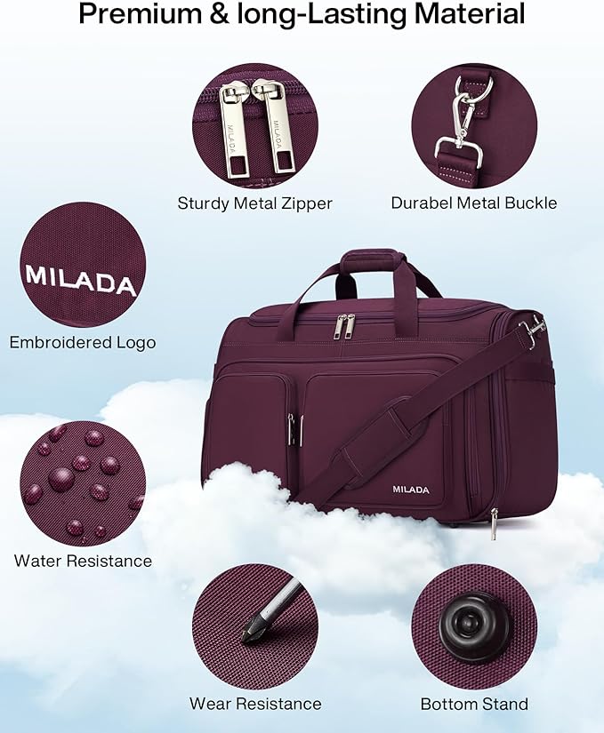 MILADA Carry On Luggage Bags for Travel Lightweight Personal Item Travel Bag Foldable Large Duffle Bag for Travel Tote Overnight Bags for Women Mens Weekender Bags, Purple