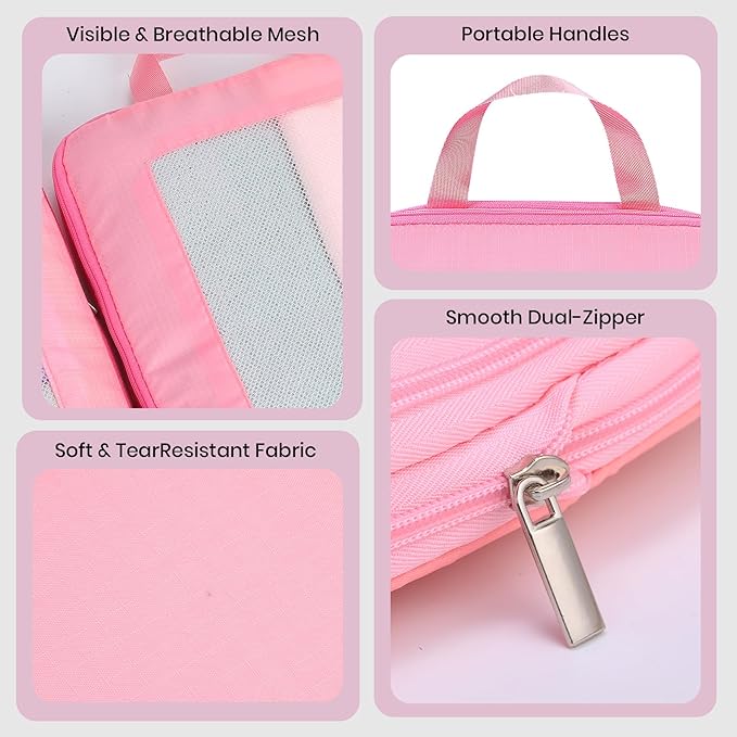 Ultralight Compression Packing Cubes for Suitcases Carry on，Compressible Mesh Packing Cubes for Travel Women Travel Essentials with Shoe Bag 6 Set (Pink)