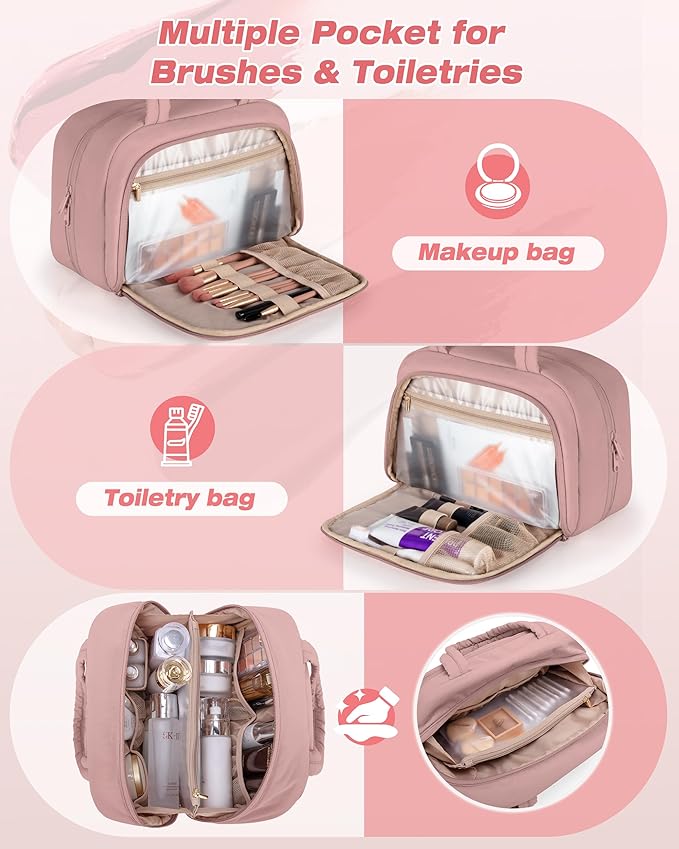 Marscamd Travel Makeup Bag for Women, Puffy Cosmetics & Toiletry Organizer with Leakproof Pockets for Travel-Size Shampoo, Conditioner, Brushes & Essentials - Medium Size, Dark Pink (Bag Only)