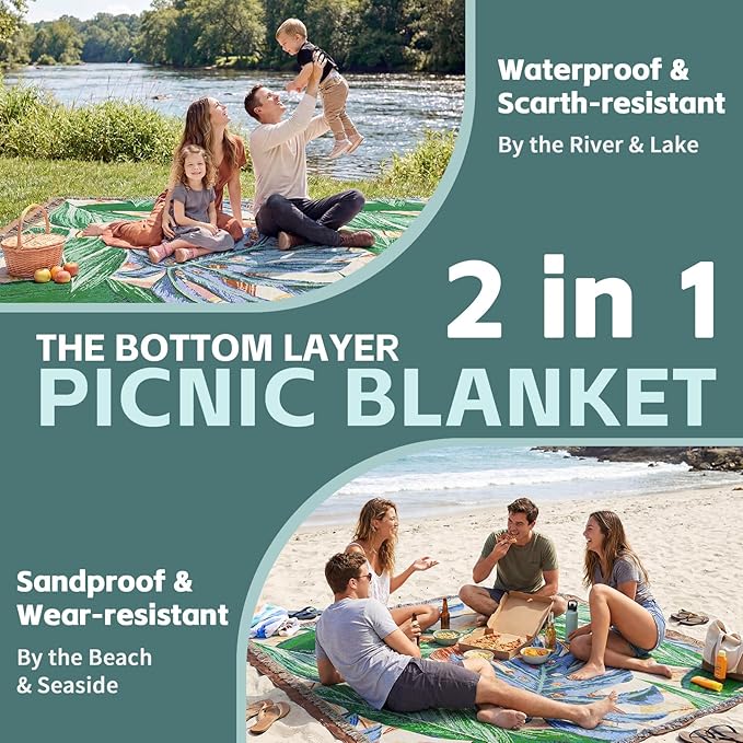 2 in 1 Extra Large Outdoor Picnic Blanket Camping Mat Lightweight Oversized Giant Turkish Boho Beach Mexican Serape Baja Cobijas Mexicanas para Mesa Park Stadium Outside Festival Grass Hammock