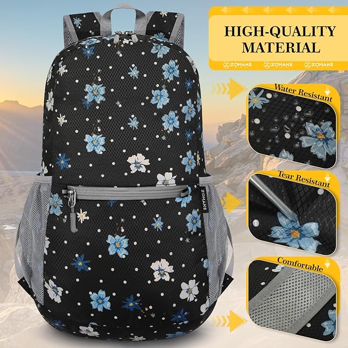 ZOMAKE Ultra Lightweight Hiking Backpack 20L, Packable Small Backpacks Water Resistant Daypack for Women Men(Black,Floral pattern)