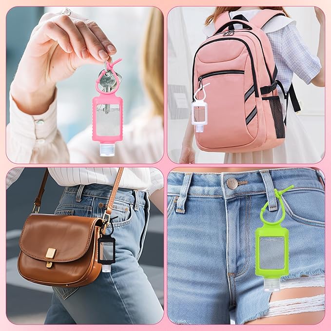 5 Pack Travel Size Hand Sanitizer Holder with Silicone Sleeve, 2 oz Refillable Plastic Empty Bottles Leakproof Flip Cap Squeeze Containers Portable Keychain Bottle for Backpack Travel Outdoor
