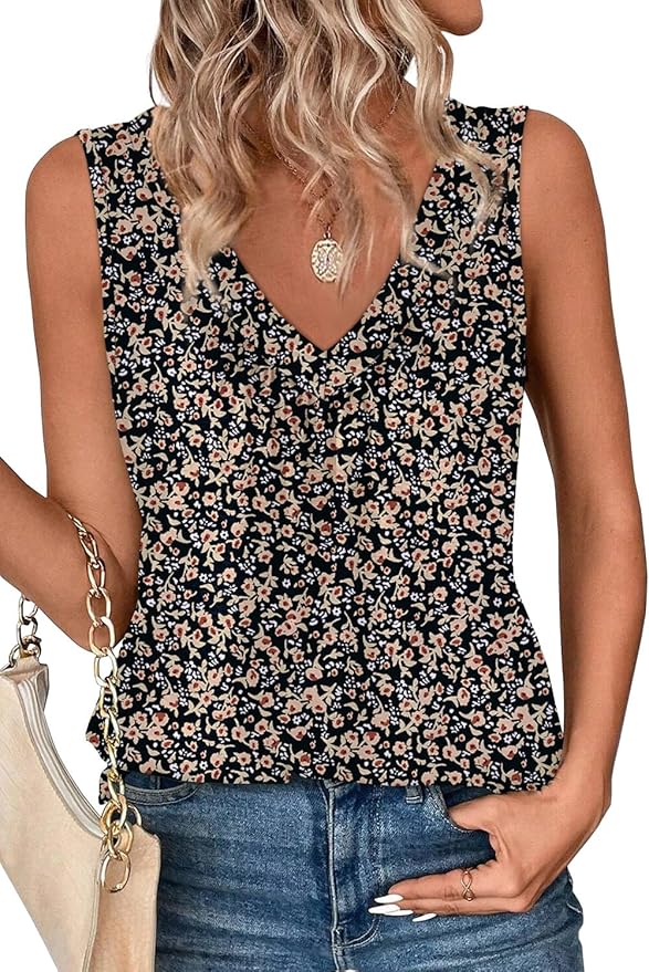 OFEEFAN Tank Top for Women Loose Fit Sleeveless Shirts V Neck Summer Clothes Ruched Women's Tees and Tanks Curved Hem