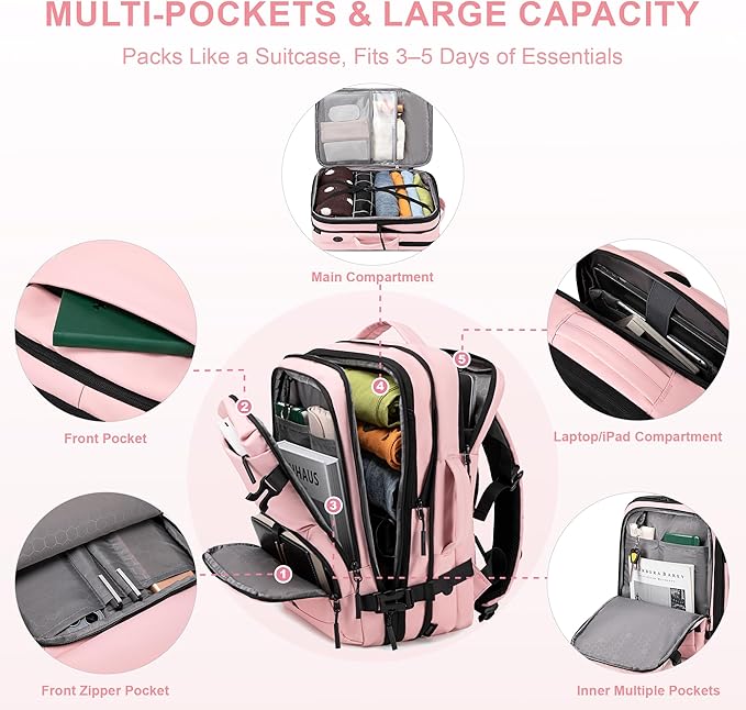 BAGOK Carry On Travel Backpack, Expandable Extra Large Airline Approved,Lightweight Daypack for Men and Women（Pink）