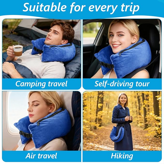 Stuffable Travel Neck Pillow Velvet Stuffable Pillow for Traveling Neck Pillows for Extra Luggage with Adjustable Necks Size Portable Travel Essentials Multifunctional Sleeping Rest Cush(Blue)