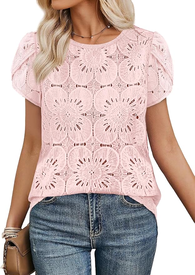 OFEEFAN Blouses for Women Dressy Casual Petal Short Sleeve Shirts Crochet Lace Boho Tops Spring Fashion Summer Outfits