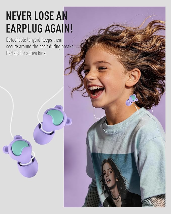 Kids Ear Plugs (6-12 Years) with Cord, Kids Ear Protection Reusable Noise Relief Earplugs for Focus, Travel, Concert, Socializing, Events, Sleep, Anxiety, Home, School, Playtime -26dB Noise Reduction