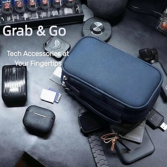 Portable Waterproof Double Layers All-in-One Storage Bag, Travel Cord Organizer，Electronics Accessories Organizer Pouch Bag for Accessories,Charger, USB Cable, Gadget (navy blue)