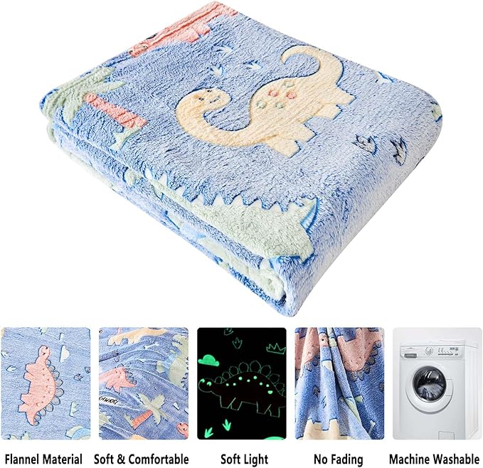 Wajade Dino Gifts Toys for Boys Girls - Glow in The Dark Dinosaur Blanket Birthday Christmas Decor for Kids Age 3 4 5 6 7 8 9 10 11 12 Years Old Teens Child Toddler Throw Colorful 50"x60"