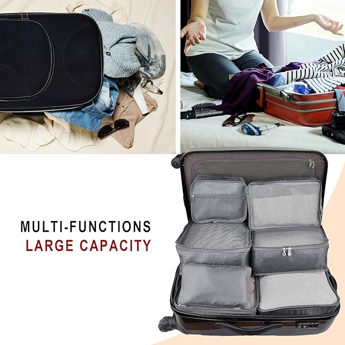 Vercord 7 Set Travel Packing Organizers Cubes Luggage Suitcase Organizer Bags Clothes Underwear Cube Shoe Pouch Pack Grey