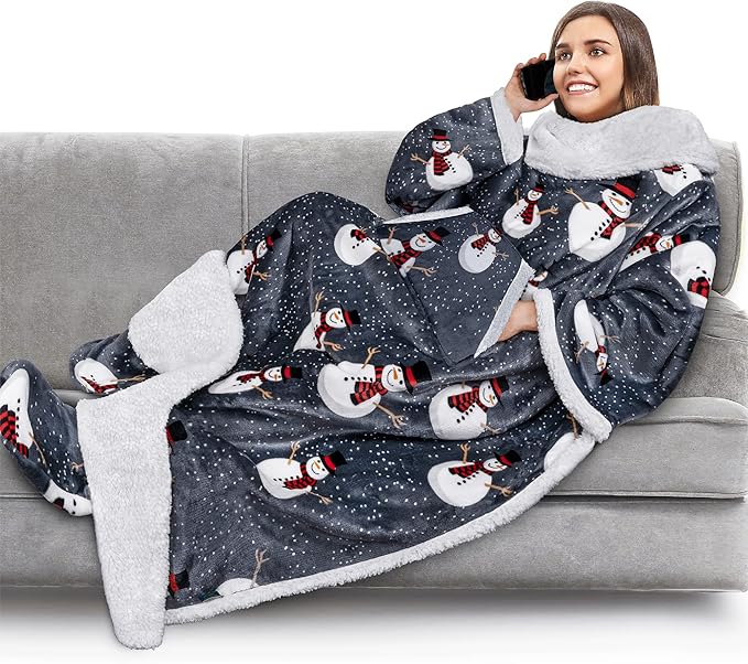 PAVILIA Sherpa Blanket with Sleeves, Foot Pocket for Women Men Adults, Thick Wearable Blanket Throw Wrap, Fleece Warm Snuggle Blanket Robe, Cozy Gift Ideas Wife Mom, Snowman Gray