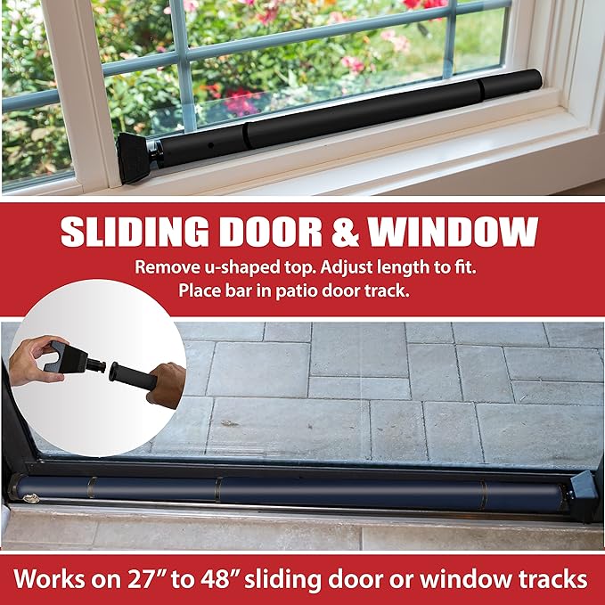 Dual Security Bar, 1-Set Adjustable-Length Portable Strong Door Bar for Hinged and Sliding Patio Doors and Windows, Home Travel Security, Extends 28 in. to 45 in., Black