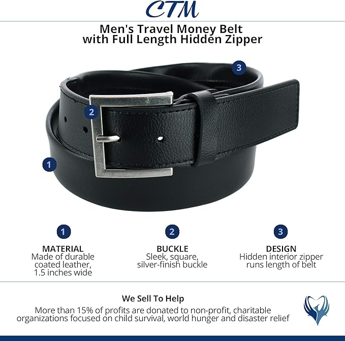 CTM Men's Travel Money Belt with Full Length Hidden Zipper