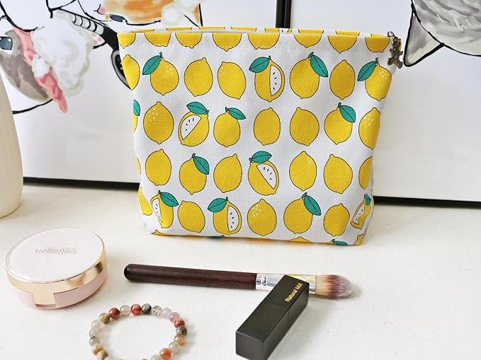 HAPPYHEIDI Canvas Makeup Bag, Cosmetic Travel Pouch, Cute Lemon, Cotton Blend, Fruit Pattern, Zipper Closure, 7.1x2.4x7 Inches