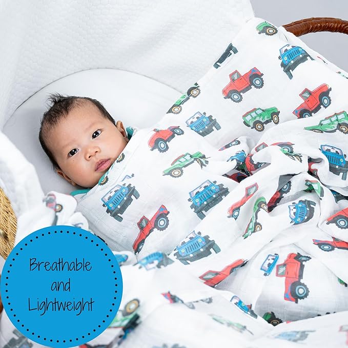 LollyBanks Muslin Swaddle Blankets, 100% Cotton Baby Boy Blanket 47 x 47 Inches, Soft Baby Swaddle Breathable, Muslin Blankets for Boys, Newborn Essentials, Registry (Vehicle Print)