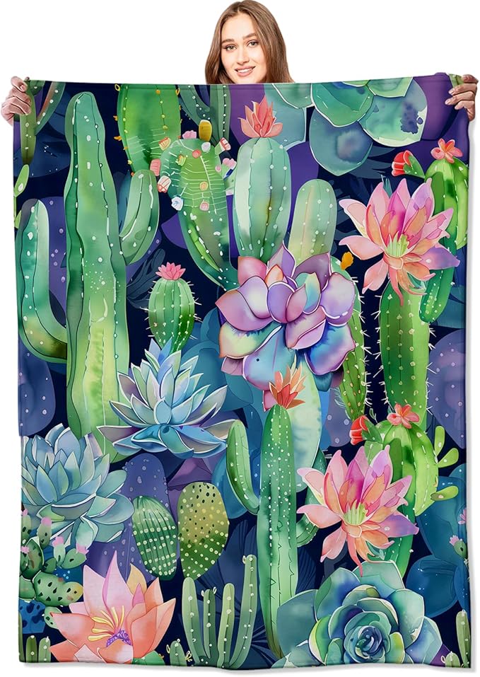 Succulent and Cactus Blanket Plant Garden Throw Blankets Gifts for Kids Adult Lightweight Soft Fleece Cozy for Sofa Couch Bed Room Birthday Boho Spring Decor 60x80in