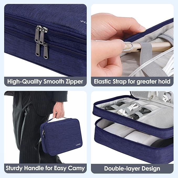 LENTION Cable Electronics Organizer Bag Pouch, Travel Accessories Carry Case Portable Bag Waterproof Double Layers All-in-One Storage Bag Carrying for Cord, Charger, Power Bank, Earphone Blue