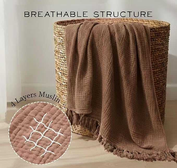 KyraHome Muslin Blankets for Adults, 60"x80" Large 100% Cotton Throw Blanket, Plant Dyed Lightweight Breathable Gauze Summer Blanket for Couch, Napping, Picnic, All Season (Brown)