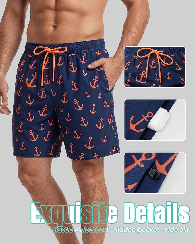 7 Inch Men Swim Trunks with Compression Breathable Liner Quick Dry Zipper Pockets for Pool Board Beach Cruise