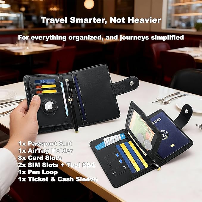 Passport Holder for Travel, RFID Blocking Leather Airtag Wallet for Women Men, Large Passport Cover Essentials Gift, Tickets, Cash, Photo, Sim Card Pen Slot, Black