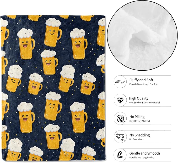 Cheerful Beer Mug Throw Blanket,40x50in,Soft,Lightweight Flannel,Cartoon Smiling Beers Blankets - Gifts for Women Men,for Couch Office Travel,Home Living Room Fun Decor