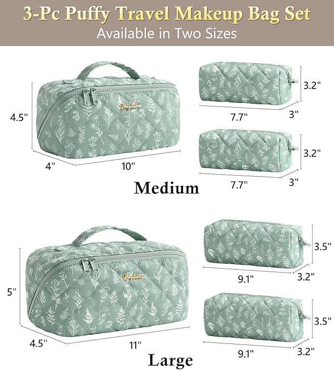 Travel Makeup Bag, 3 Pcs Large Capacity Puffy Toiletry Bag for Women, Open Flat Make up Cosmetic Organizer w/Handle & Clear Divider Water-resistant Portable Pouch Travel Essentials, M-Green Floral