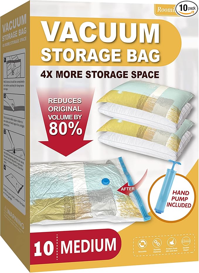 Roomimaster Vacuum Storage Bags, Vacuum Seal Space Saver Bags for Clothing, Travel Lugggage, Carry-on, Blankets, Comforters, Pillow, Bedding, 10 Medium