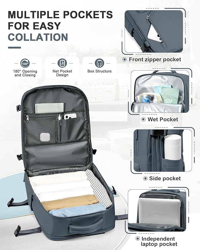 VGCUB Travel Backpack for Women Men for Spirit Airlines Personal Item Bag 18x14x8 Inches Laptop College Waterproof Carry on Flight Approved Work Backpack Mochila de Viaje, Large Grey Blue
